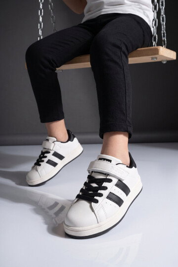 Beyaz-Siyah Cırt Bantlı Unisex Çocuk Yürüyüş ve Spor Ayakkabı Sneaker Coop F