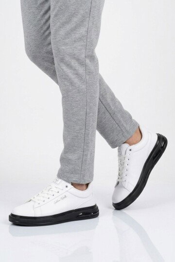 Erkek Beyaz-Siyah Bağcıklı Kalın Taban Erkek Casual Ayakkabı Sneaker 8078 Dashor M
