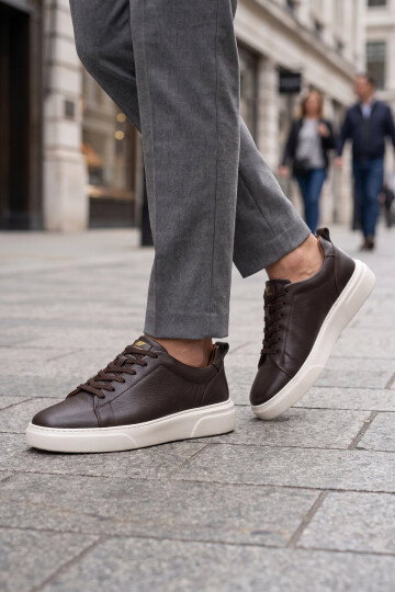Kahve-Bej Hakiki Deri Bağcıklı Kalın Rahat Tabanlı Erkek Casual Ayakkabı Sneaker 272303 