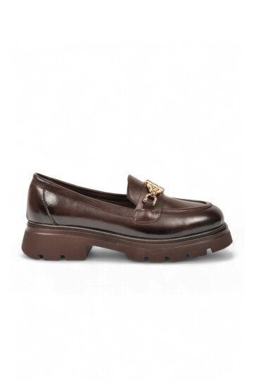 Kadın Loafer Ayakkabı Tokalı Kalın Taban Kahve Cilt Şık Kadın Klasik Casual Ayakkabı 572508 