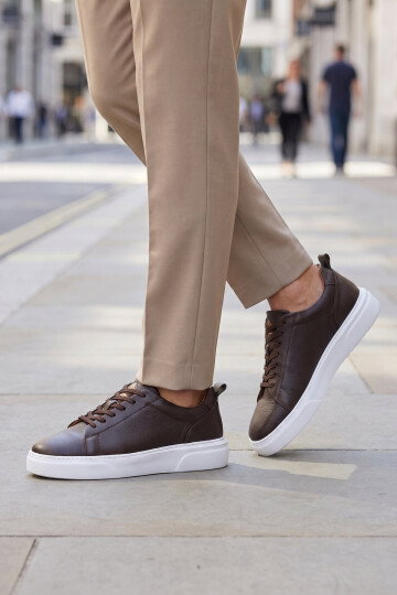 Kahve Hakiki Deri Bağcıklı Kalın Rahat Tabanlı Erkek Casual Ayakkabı Sneaker 272303 