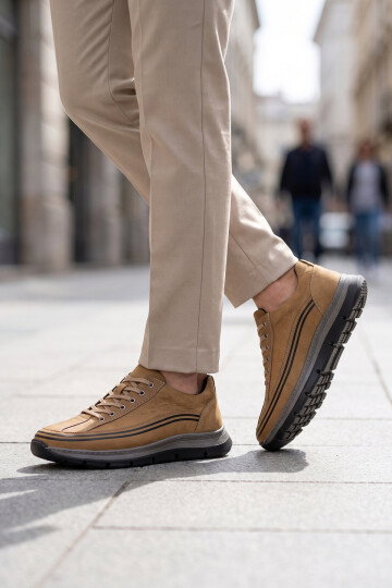 Kum Hakiki Deri Bağcıklı Rahat Tabanlı Erkek Casual Ayakkabı Sneaker 160