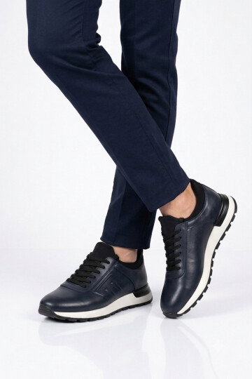 Erkek Lacivert Hakiki Deri Casual Ayakkabı Bağcıklı Rahat Konfor Tabanlı Sneaker M294 M