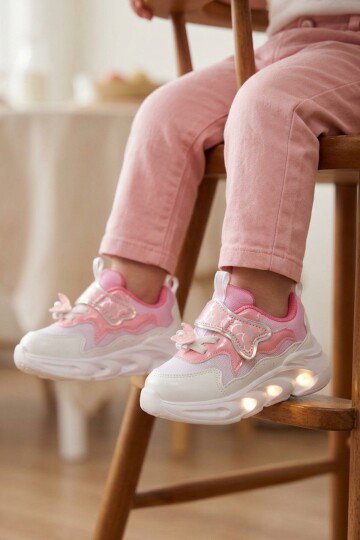 Pudra Cırt Bantlı Işıklı Desenli Anatomik Bebek Spor Ayakkabı Sneaker Aida