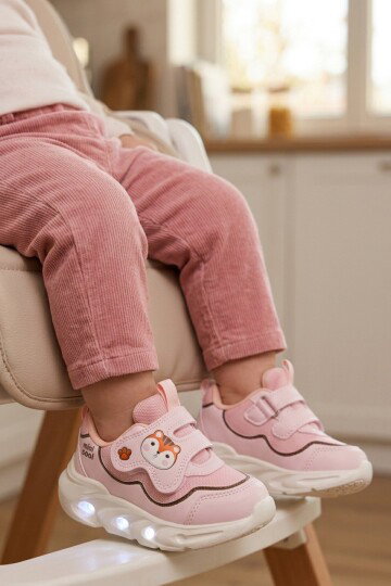 Pudra Cırt Bantlı Işıklı Anatomik Bebek Spor Ayakkabı Sneaker Aria