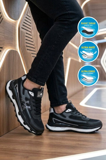 Siyah-Beyaz Ortopedik Memory Foam Fileli Kalın Taban Erkek Yürüyüş ve Spor Ayakkabı Sneaker 2493