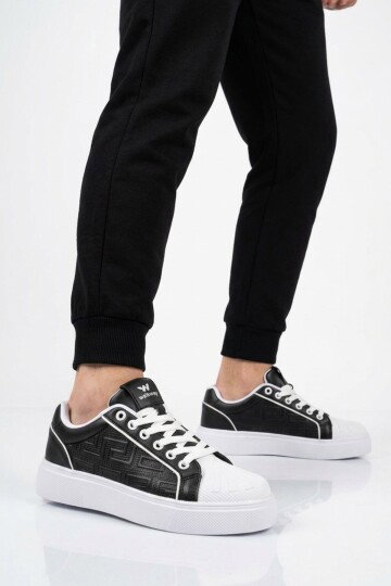 Siyah-Beyaz Bağcıklı Kalın Tabanlı Rahat Şık Unisex Casual Yürüyüş ve Spor Ayakkabı Sneaker 26201 G