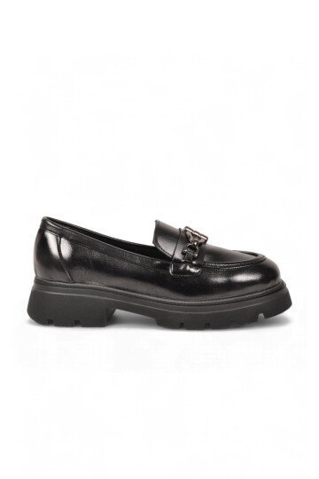 Kadın Loafer Ayakkabı Tokalı Kalın Taban Siyah Cilt Şık Kadın Klasik Casual Ayakkabı 572508 