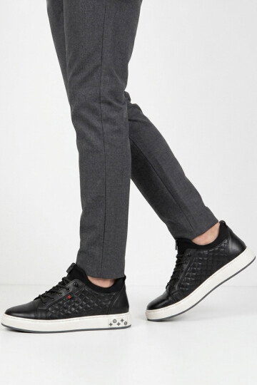 Siyah Hakiki Deri Kroko Desenli Rahat Şık Erkek Casual Ayakkabı Sneaker 6424-1 M