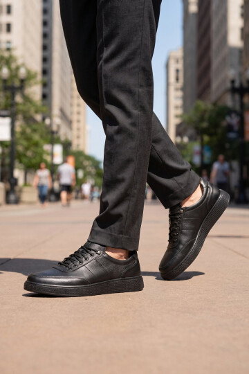 Siyah Hakiki Deri Lastik Bağcıklı Rahat Tabanlı Erkek Casual Ayakkabı Sneaker 728