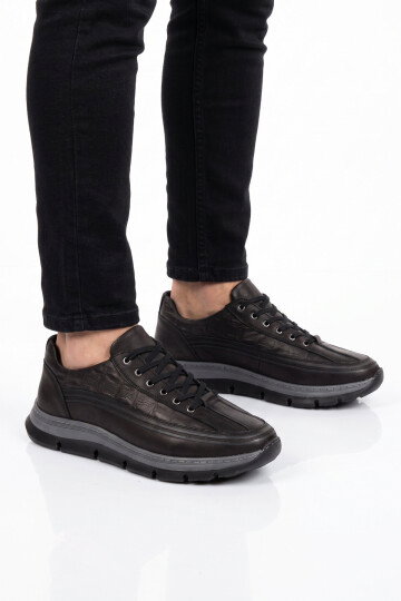 Siyah Hakiki Deri Bağcıklı Rahat Tabanlı Erkek Casual Ayakkabı Sneaker 160