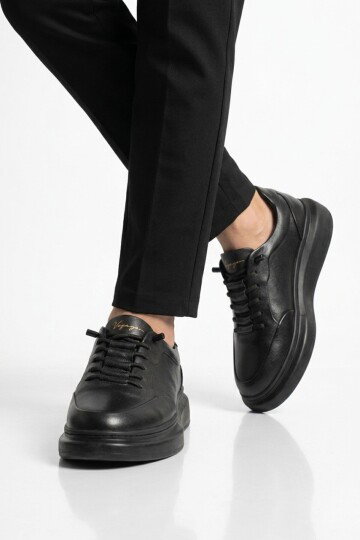 Siyah Hakiki Deri Erkek Sneaker  Memory Taban Premium Casual Ayakkabı M704-1 M