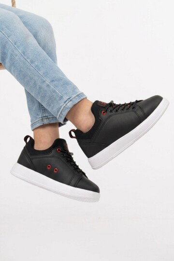Siyah-Kırmızı Lastik Bağcıklı Comfort Rahat Tabanlı Erkek Çocuk Sneaker Balase F