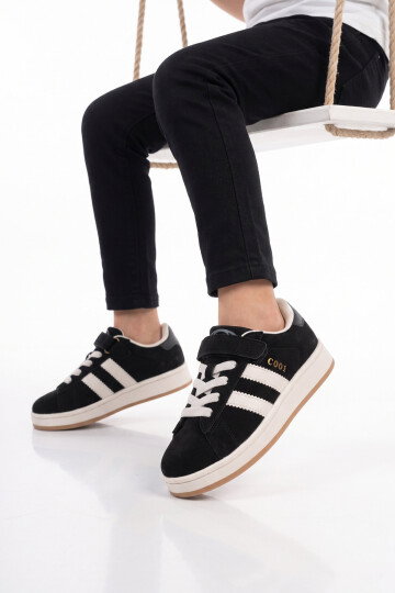 Siyah Cırt Bantlı Unisex Çocuk Yürüyüş ve Spor Ayakkabı Sneaker Coop F
