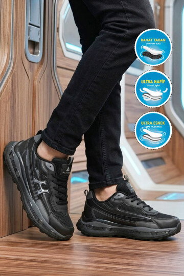 Siyah Ortopedik Memory Foam Fileli Kalın Taban Erkek Yürüyüş ve Spor Ayakkabı Sneaker 2493