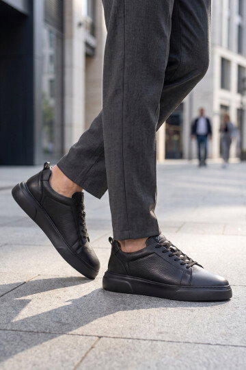 Siyah-Siyah Hakiki Deri Bağcıklı Kalın Rahat Tabanlı Erkek Casual Ayakkabı Sneaker 272303 