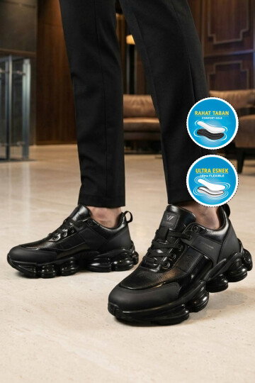 Siyah Bağcıklı Kalın Rahat Tabanlı Erkek Casual Yürüyüş Ayakkabı Sneaker Zenith