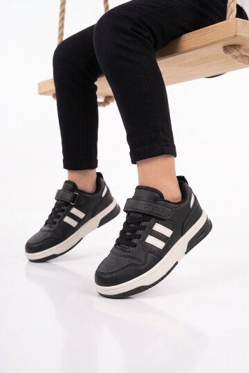 Siyah Cırt Bantlı Unisex Çocuk Yürüyüş ve Spor Ayakkabı Sneaker Foor F
