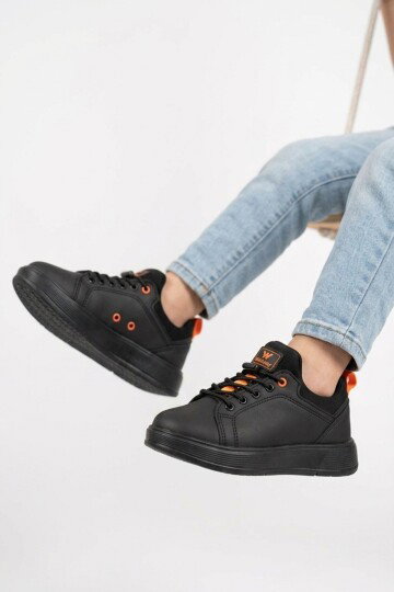 Siyah-Turuncu Lastik Bağcıklı Comfort Rahat Tabanlı Erkek Çocuk Sneaker Balase F
