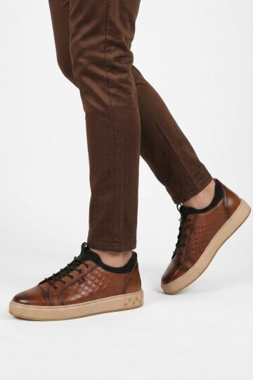 Taba Hakiki Deri Kroko Desenli Rahat Şık Erkek Casual Ayakkabı Sneaker 6424-1 M