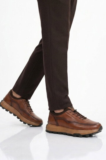 Taba Premium Hakiki Deri Erkek Casual Ayakkabı Memory Kalın Tabanlı Sneaker M084-2 M