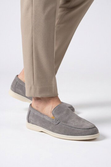 Açık Gri Hakiki Deri Şık Rahat Espadril Erkek Casual Ayakkabı Loafer 6K020-217