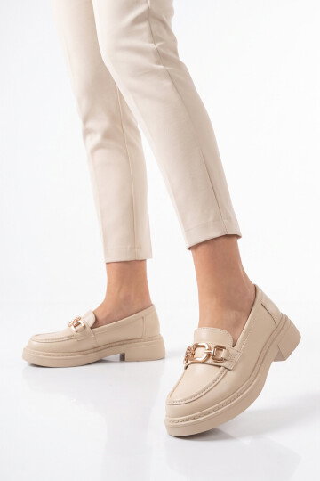 Tokalı Hafif Rahat Şık Bej Kadın Klasik Casual Ayakkabı Loafer 1837 Z