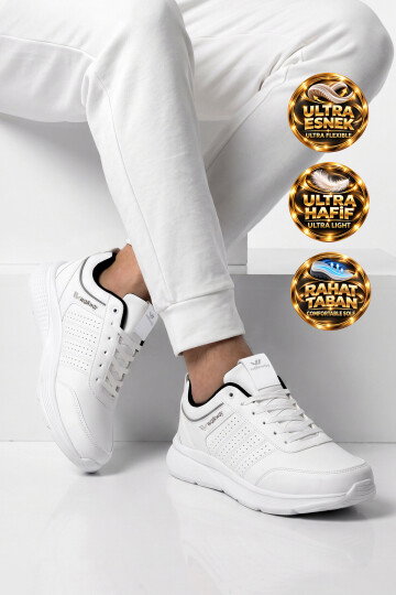 Beyaz Bağcıklı Hafif Esnek Rahat Erkek Yürüyüş ve Spor Ayakkabı Sneaker Wood 4040