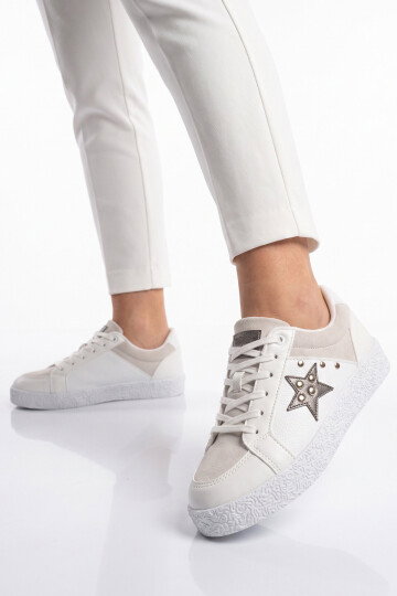 Beyaz Bağcıklı Kalın Tabanlı Kadın Casual Yürüyüş Ayakkabı Sneaker Code 416