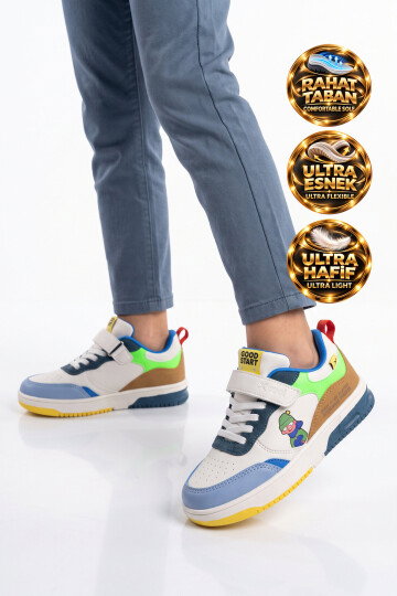 Cırt Bantlı Kalın Rahat Tabanlı Erkek Çocuk Kahve-Beyaz Yürüyüş ve Spor Ayakkabı Sneaker Star 26K