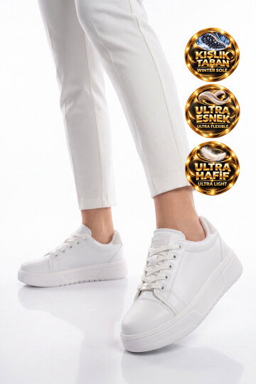 Bağcıklı Kalın Tabanlı Kadın Beyaz Casual Yürüyüş Ayakkabı Sneaker Code 419