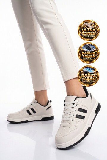 Beyaz-Siyah Bağcıklı Kalın Tabanlı Unisex Yürüyüş ve Spor Ayakkabı Sneaker Foor