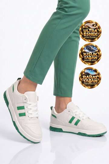 Beyaz-Yeşil Bağcıklı Kalın Tabanlı Unisex Yürüyüş ve Spor Ayakkabı Sneaker Foor