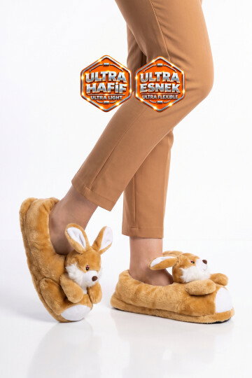 Sıcak Tutan Ayıcık Desenli Camel Unisex Ev Terliği Panduf  H025.Z.0000