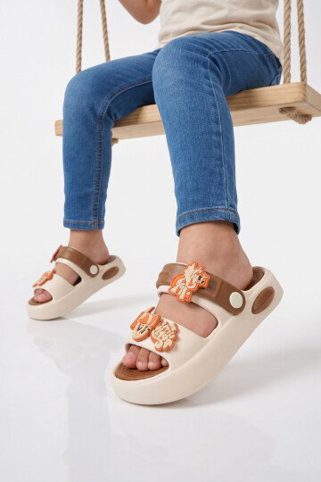 Ekru-Taba Hafif Esnek Eva Taban Unisex Çocuk Terlik 4505 F-P