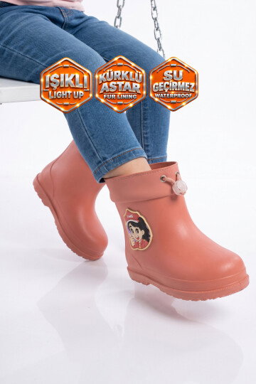 Gül Kurusu İçi Kürklü Sıcak Tutan Su Geçirmez Aksesuarı Işıklı Unisex Çocuk Bot-Çizme 530