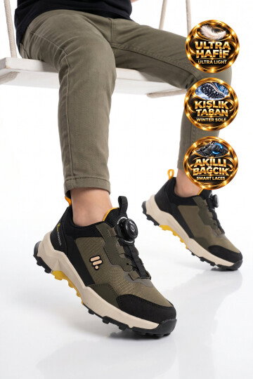 Akıllı Bağcıklı Kauçuk Tabanlı Erkek Çocuk Haki Outdoor Trekking Ayakkabı BS-İH1-P-240