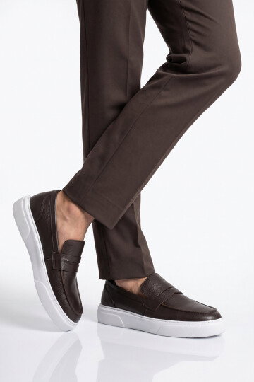 Kahve-Beyaz Hakiki Deri Şık Rahat Erkek Casual Ayakkabı Loafer 272305
