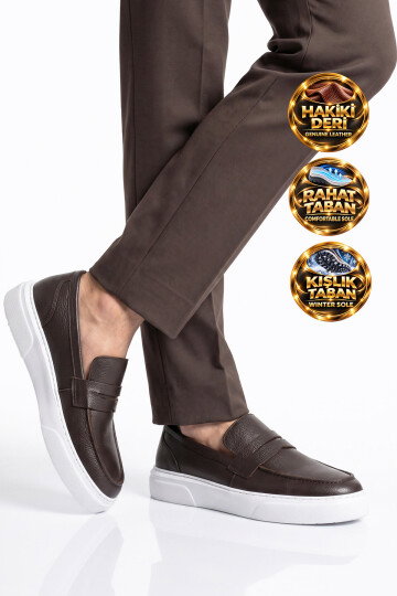 Kahve-Beyaz Hakiki Deri Şık Rahat Erkek Casual Ayakkabı Loafer 272305