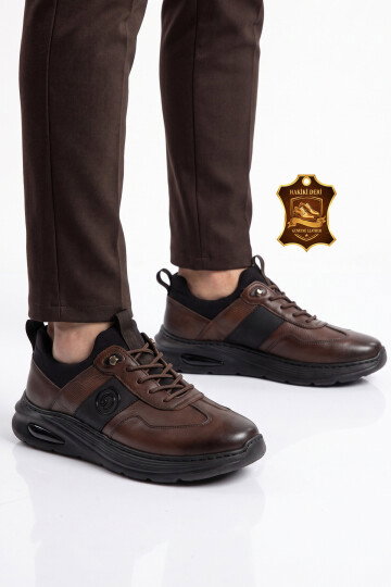 Kauçuk Tabanlı Lastik Bağcıklı Hakiki Deri Kahve Erkek Casual Sneaker Ayakkabı 26K540-3