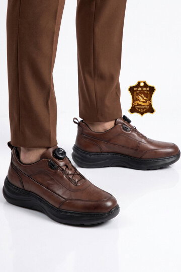 Kauçuk Tabanlı Akıllı Bağcıklı Hakiki Deri Kahve Erkek Casual Sneaker Ayakkabı 26K541-1