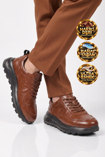Kahve Hakiki Deri Kalın Tabanlı Bağcıklı Erkek Casual Sneaker Ayakkabı 26K565