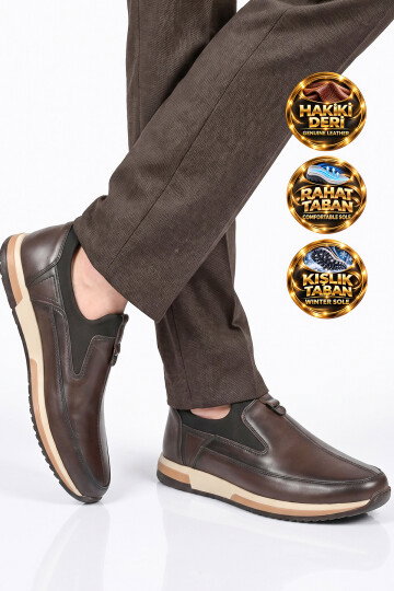 Kahve Hakiki Deri Yan Lastikli Erkek Casual Sneaker Ayakkabı 42170