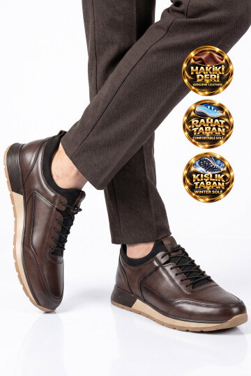 Kahve Hakiki Deri Lastik Bağcıklı Erkek Casual Sneaker Ayakkabı 42158