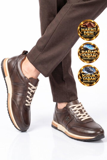 Kahve Hakiki Deri Bağcıklı Erkek Casual Sneaker Ayakkabı 42172