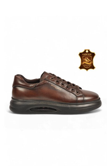 Kauçuk Tabanlı Bağcıklı Sneaker Kahve Hakiki Deri Erkek Casual Ayakkabı XS2456-6015 