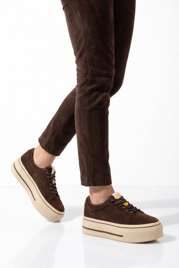 Kalın Tabanlı Aksesuar Bağcıklı Sneaker Hakiki Deri Kahve Kadın Casual Yürüyüş Ayakkabı 26K366-2