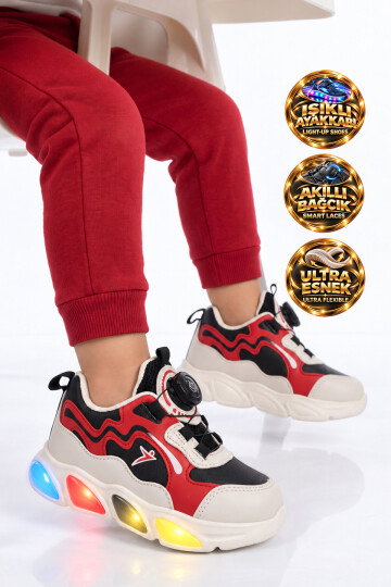 Kırmızı Akıllı Bağcıklı Işıklı Bebek Spor Ayakkabı Sneaker Elliot Cilt