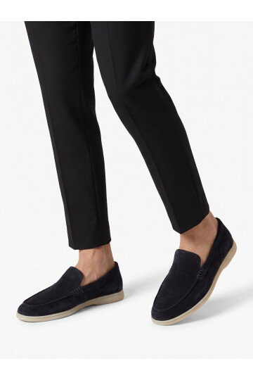 Lacivert Hakiki Deri Şık Rahat Espadril Erkek Casual Ayakkabı Loafer 6K020-217