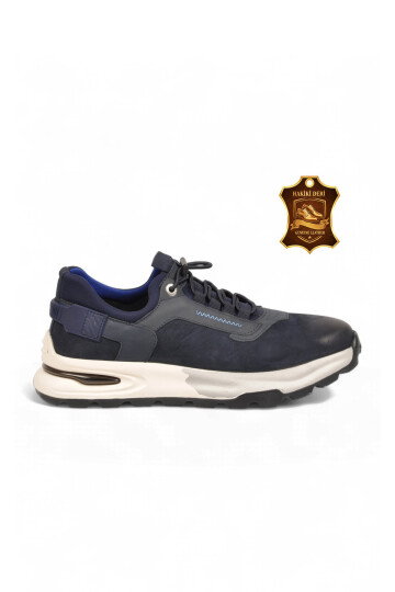 Kauçuk Tabanlı Bağcıklı Sneaker Lacivert Hakiki Deri Erkek Casual Ayakkabı HZ0730-F0056